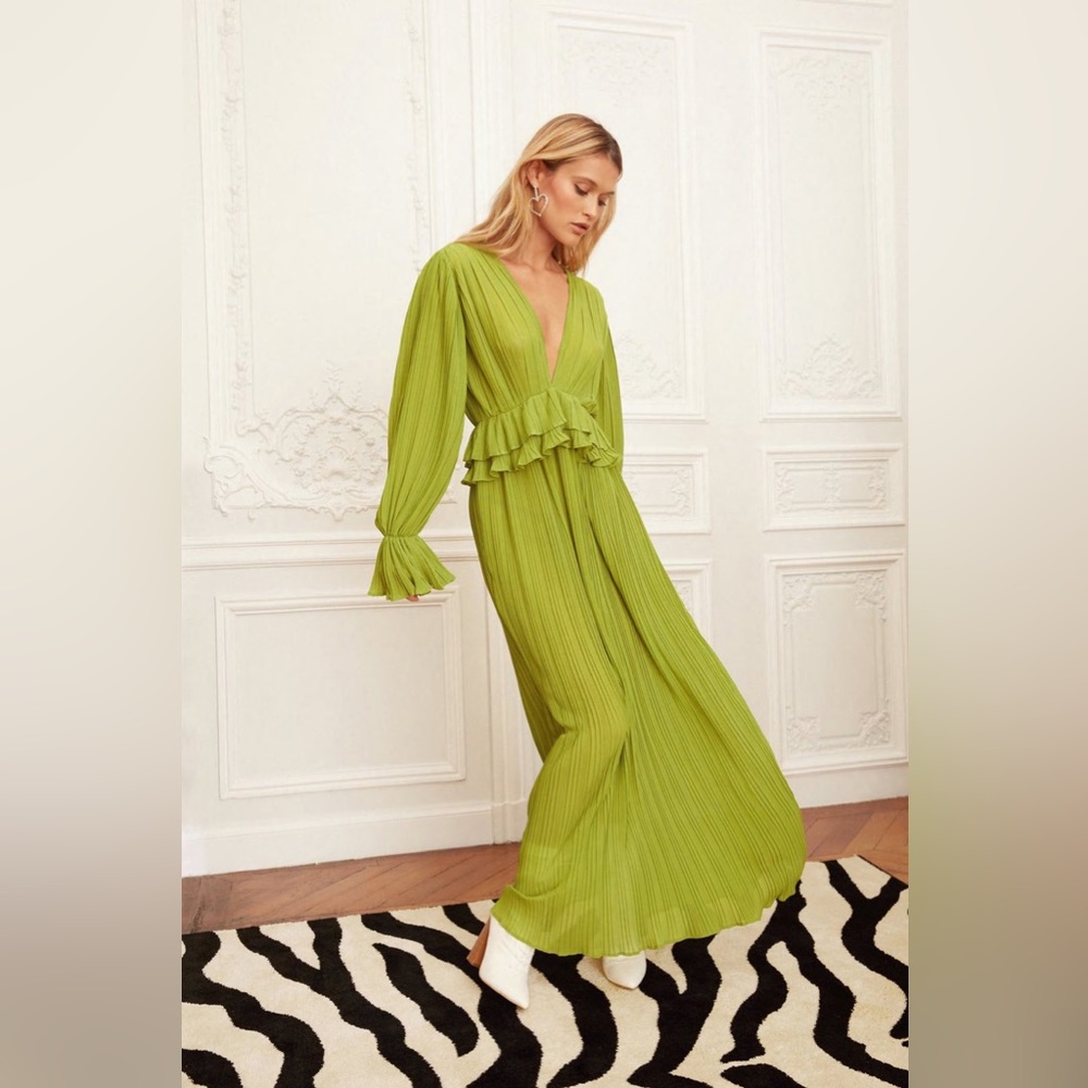Nasty Gal Frill V Neck Midi Dress - Green/Chartreuse